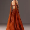 Burnt Rust Organza Hand Embellished Ruched Lehenga Set With Choker Dupatta