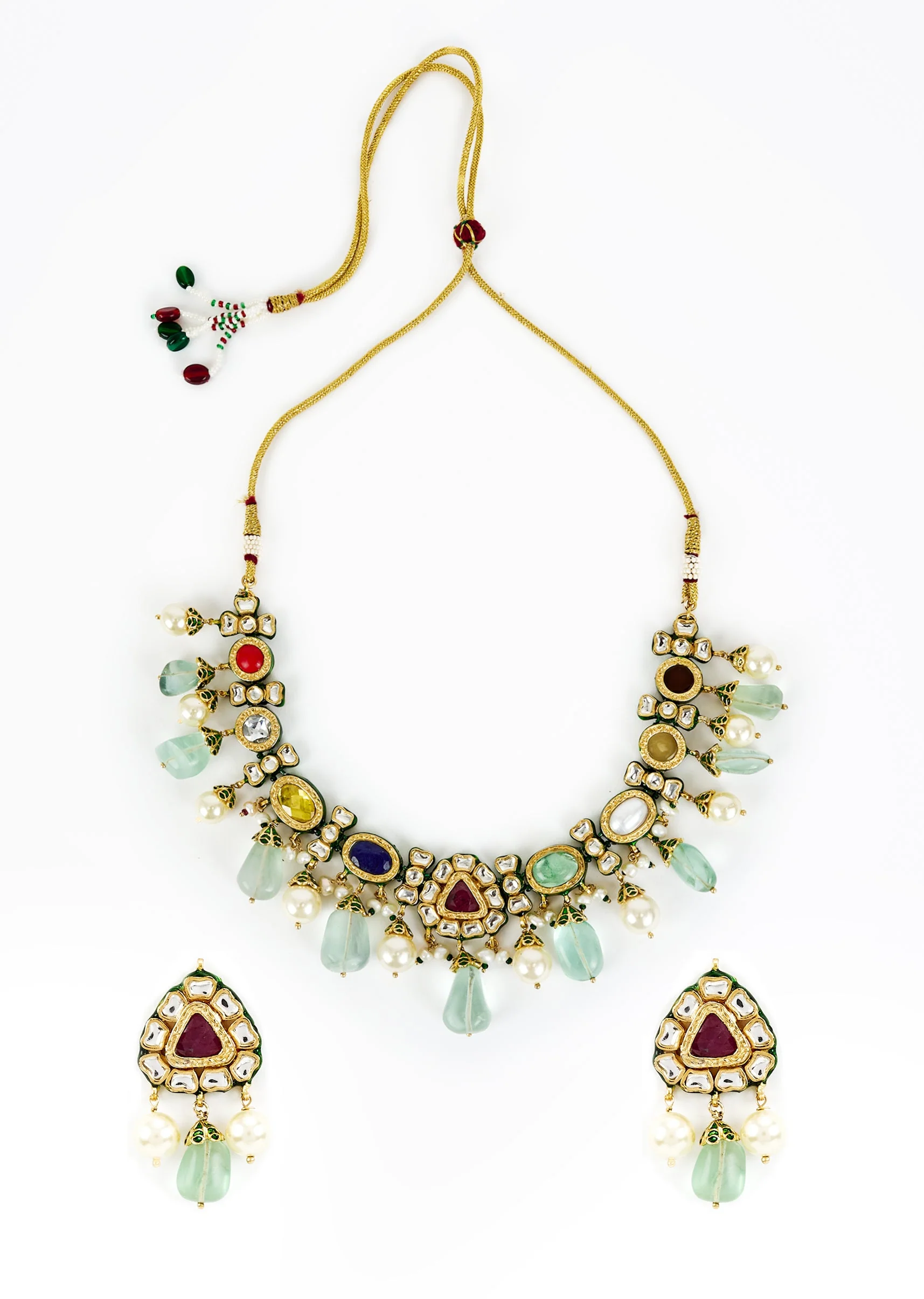 Gold Plated Multicolored Kundan Work Choker Necklace Set With Earrings