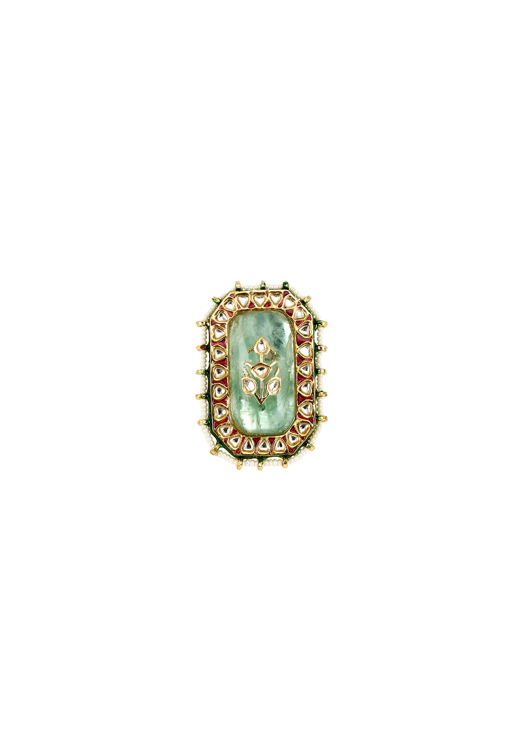 Green Meenakari Floral Motif Kundan Polki Ring