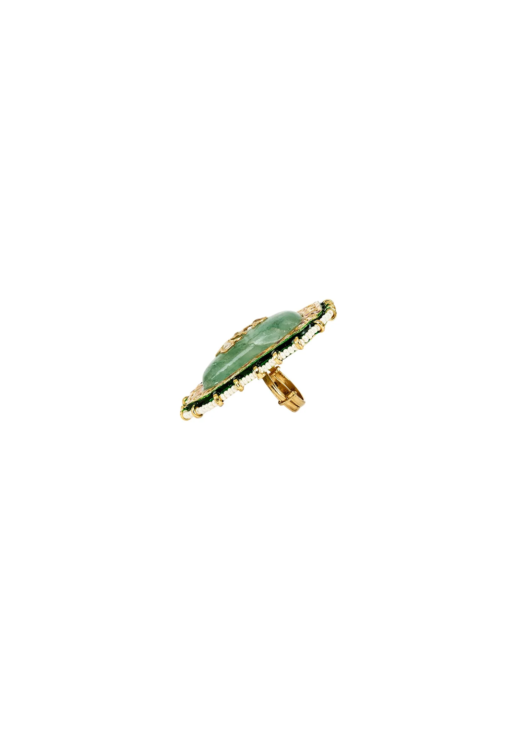 Green Meenakari Floral Motif Kundan Polki Ring