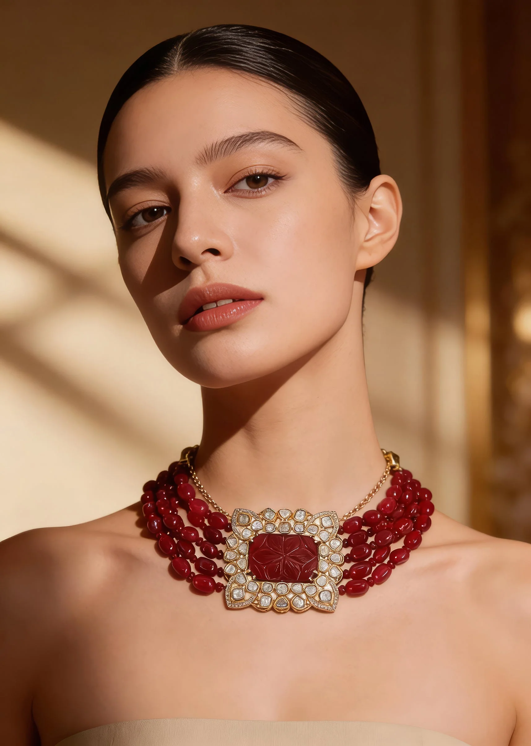1096-gold-plated-red-beaded-choker-necklace-set-1.webp Gold Plated Red Beaded Choker Necklace Set