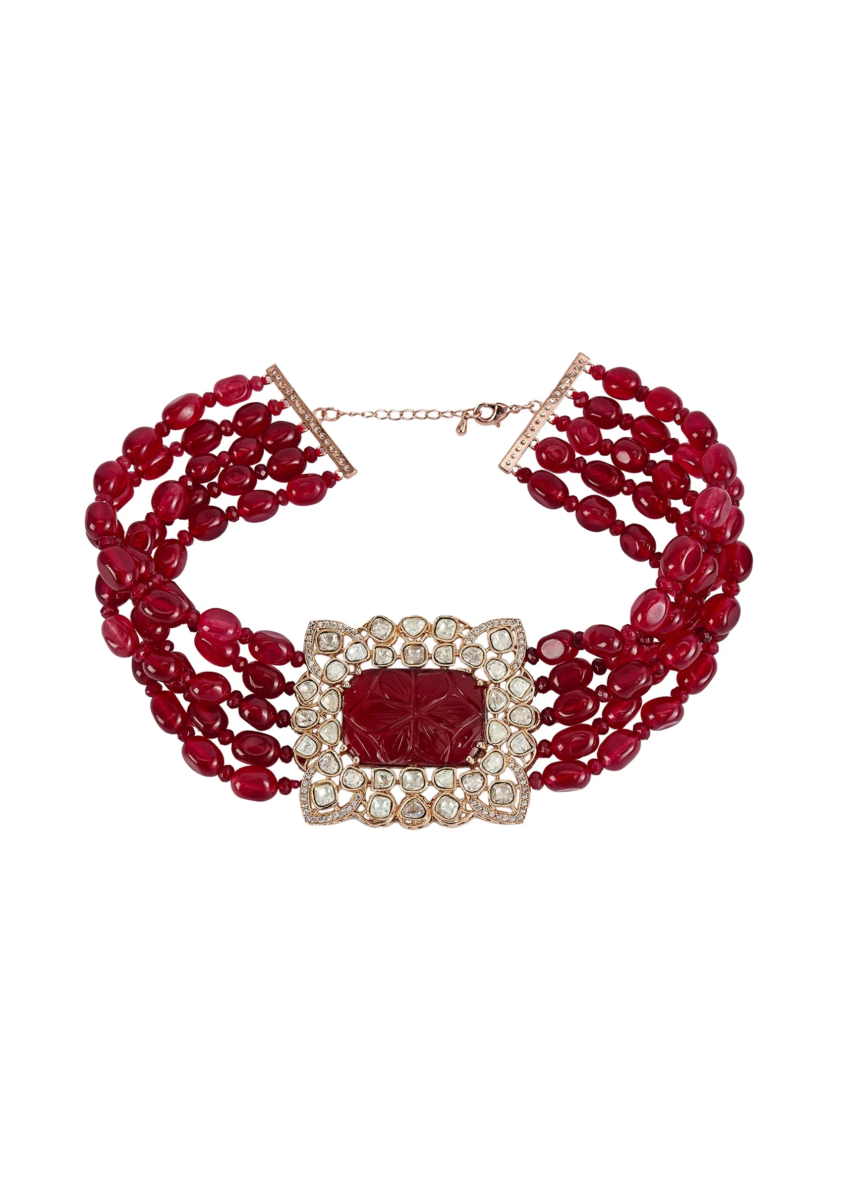 Gold Plated Red Beaded Choker Necklace Set