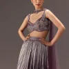 Purple Organza Hand Embellished Ruched Lehenga Set With Choker Dupatta