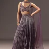 Purple Organza Hand Embellished Ruched Lehenga Set With Choker Dupatta