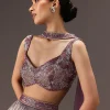 Purple Organza Hand Embellished Ruched Lehenga Set With Choker Dupatta
