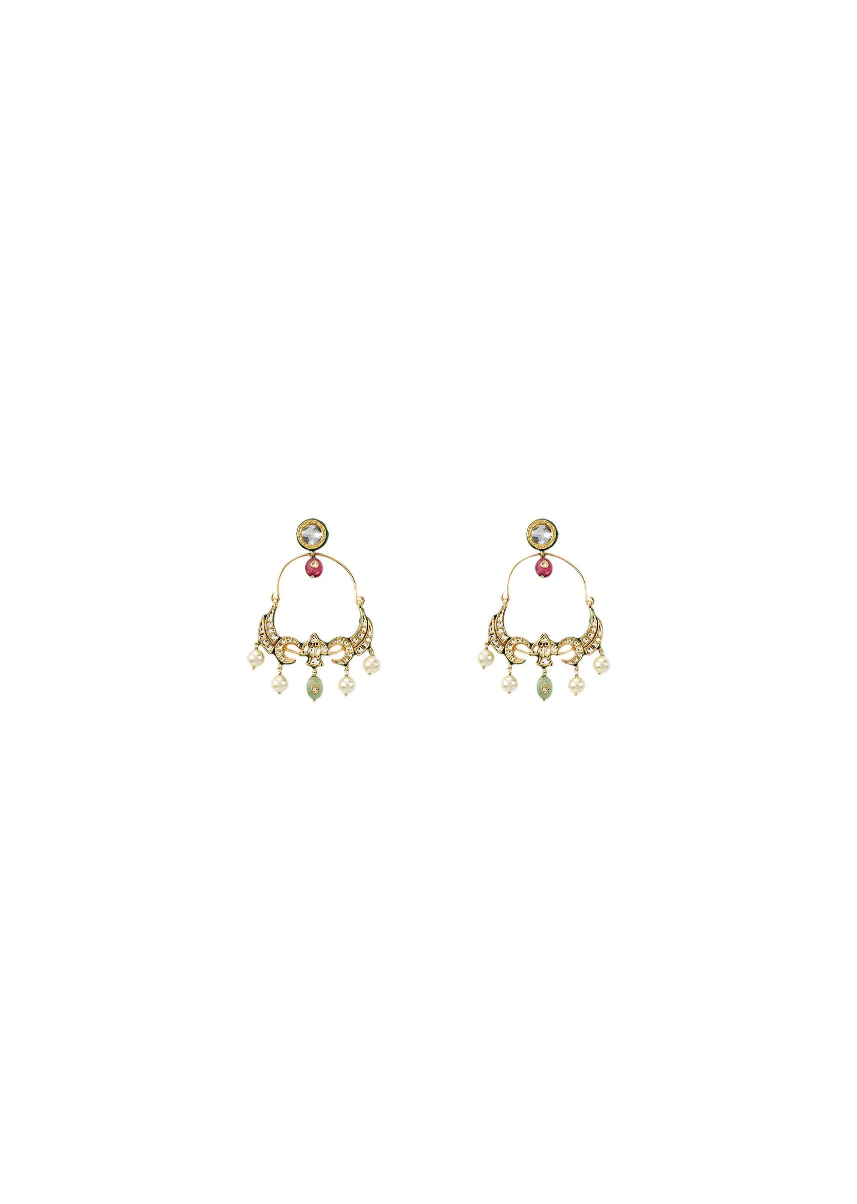 Crescent Motif Multicolored Kundan Polki Hoop Earrings