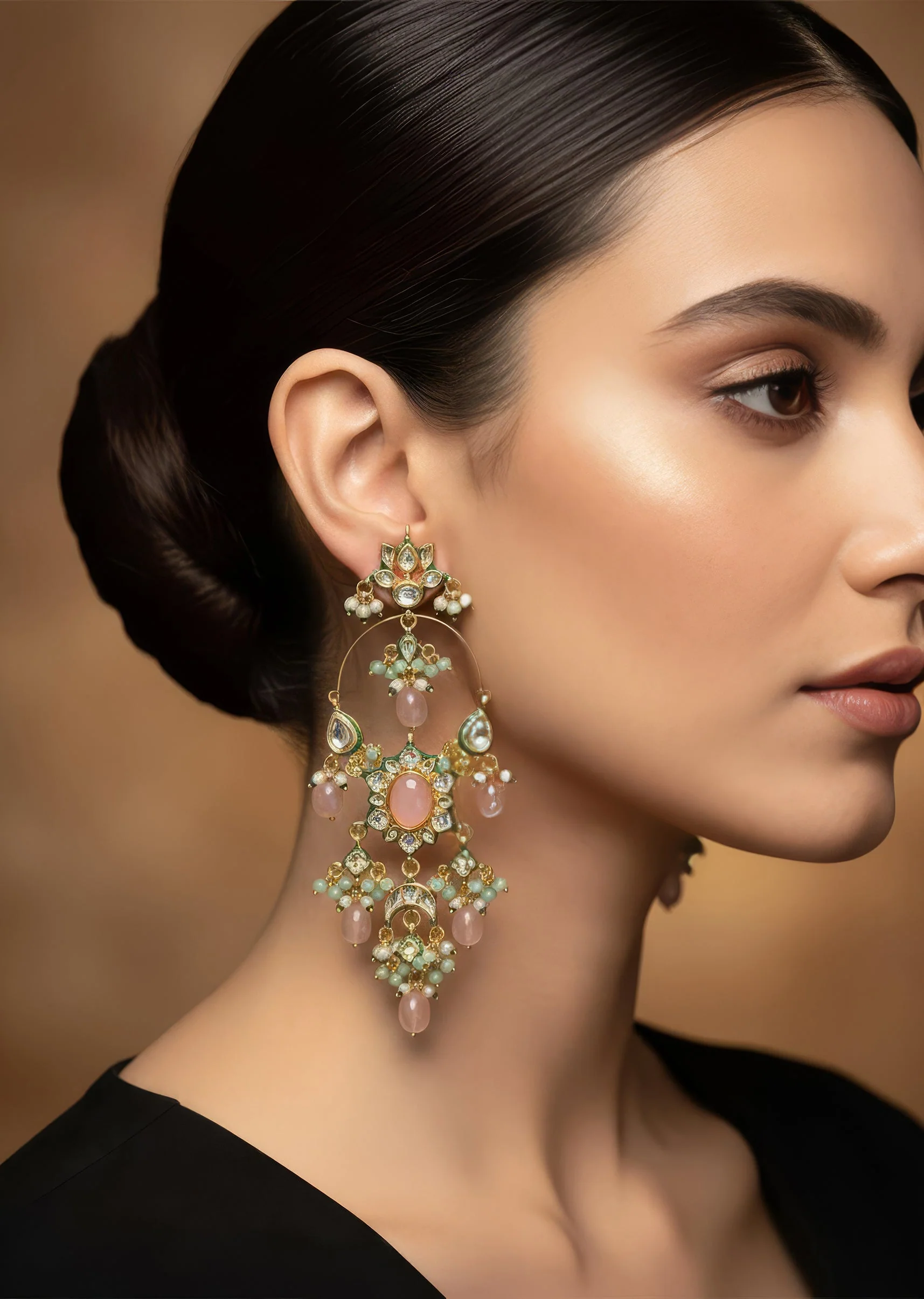Gold Plated Kundan And Pearl Statement Earrings