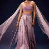 Mauve Sequence Double Layer Skirt Dupatta Set With Hand Embroidered Blouse