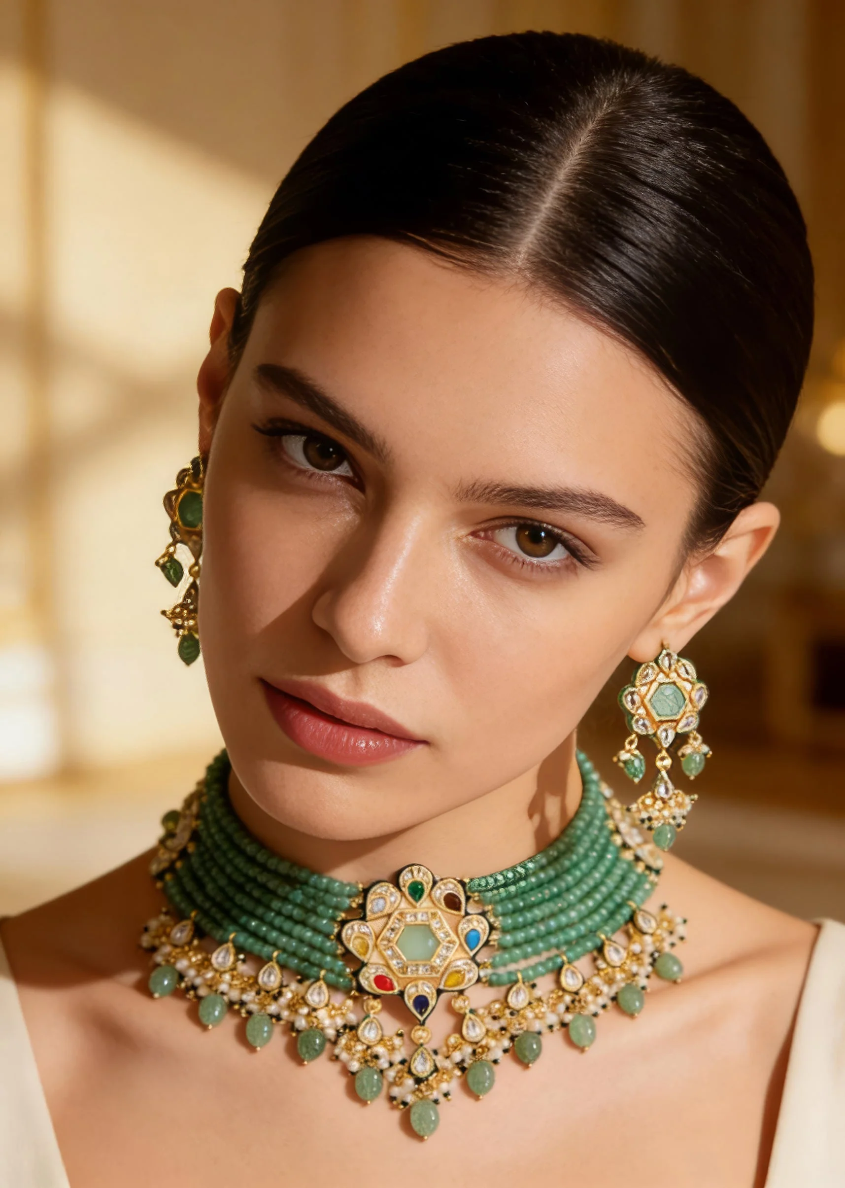 1102-gold-and-green-beaded-choker-necklace-set-1.webp Gold And Green Beaded Choker Necklace Set