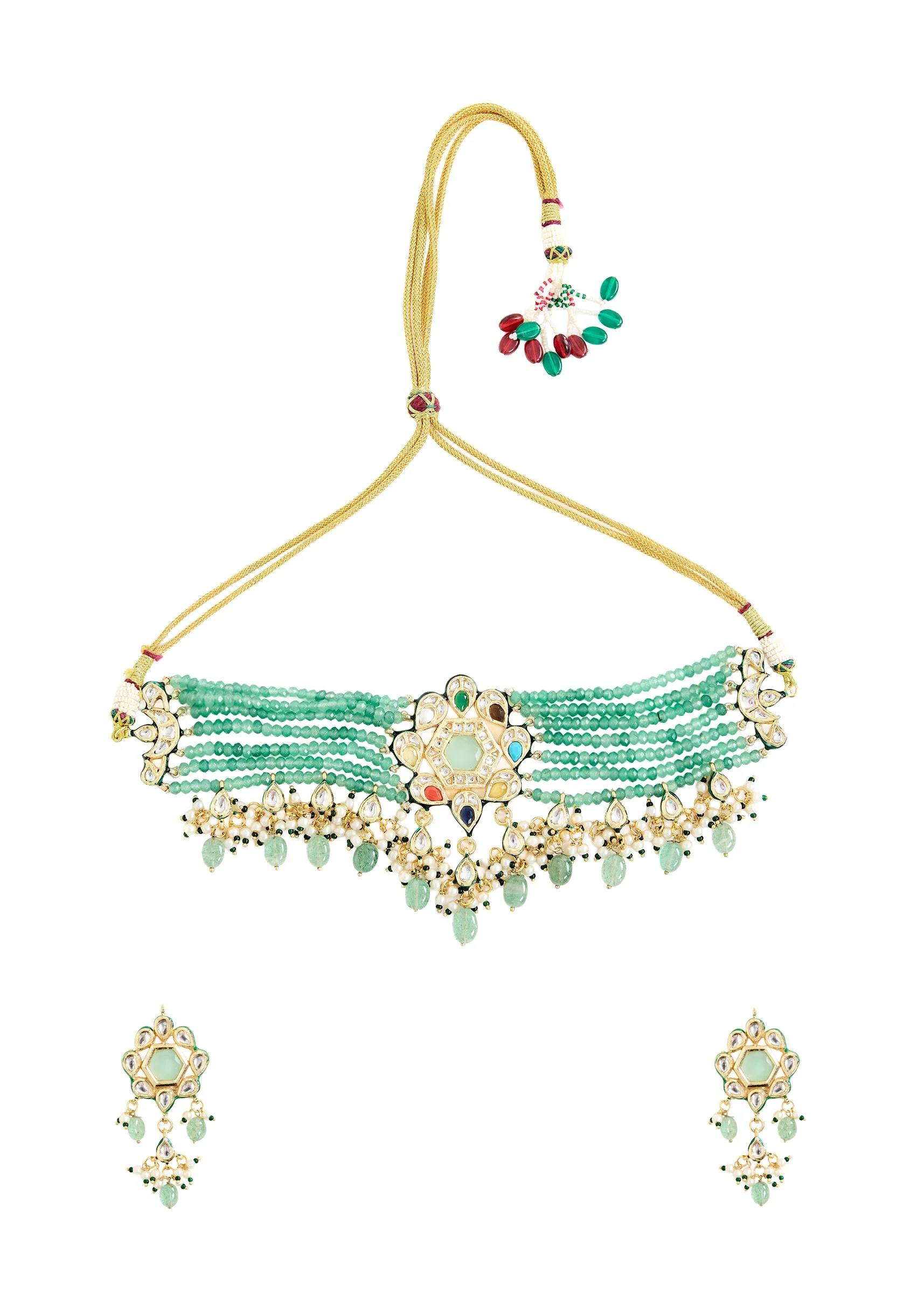 Gold And Green Beaded Choker Necklace Set