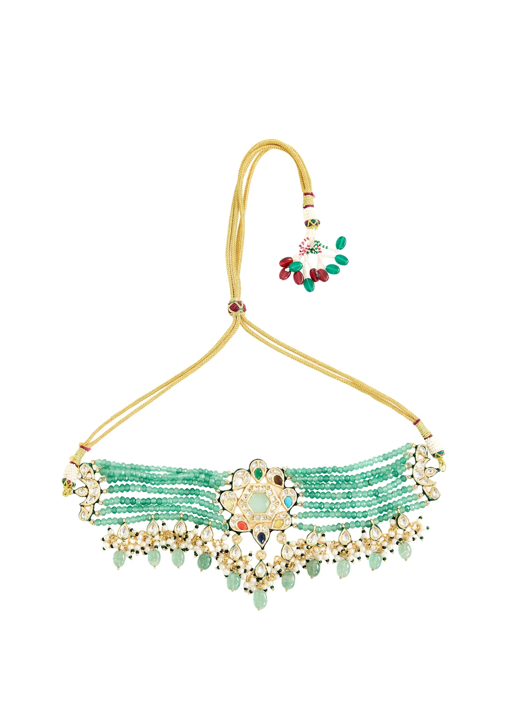 Gold And Green Beaded Choker Necklace Set