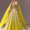 Citrus Green Ombre Crushed Lehenga Set With Organza Dupatta