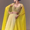 Citrus Green Ombre Crushed Lehenga Set With Organza Dupatta
