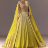 Citrus Green Ombre Crushed Lehenga Set With Organza Dupatta