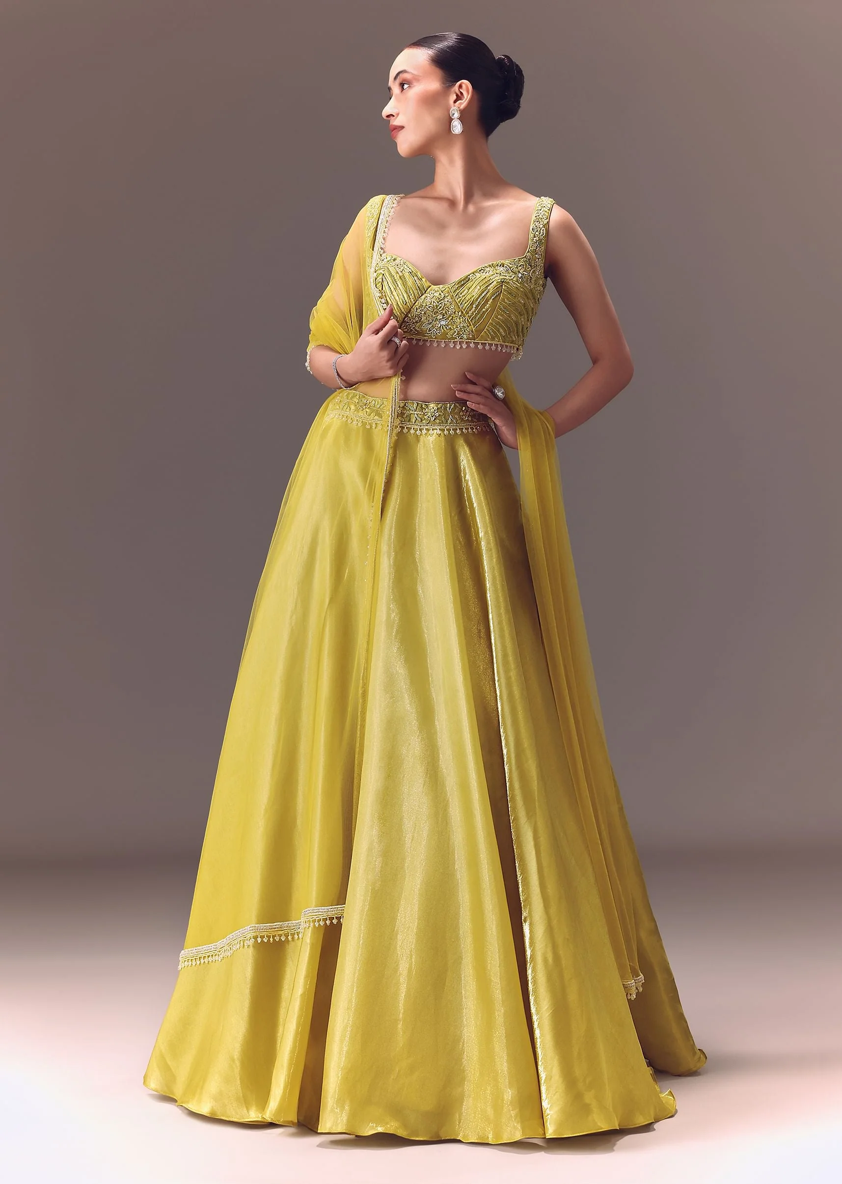 Yellow Organza Double Circular Lehenga Set With Hand Work