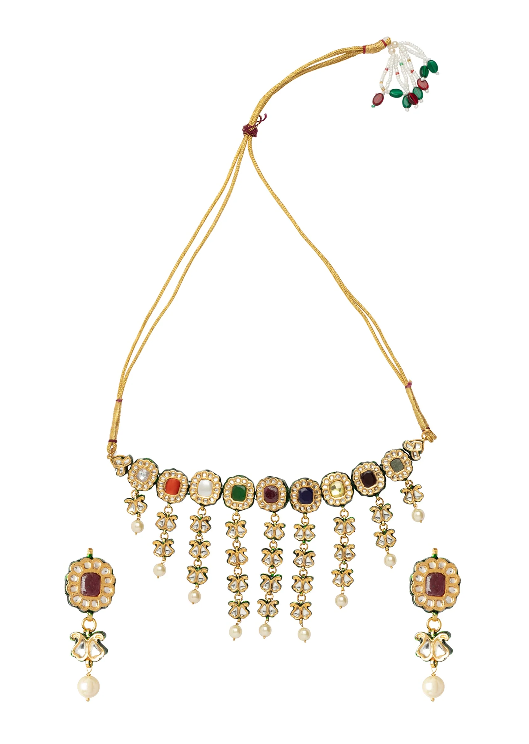 Gold Plated Multicolored Kundan Polki Necklace Set With Earrings