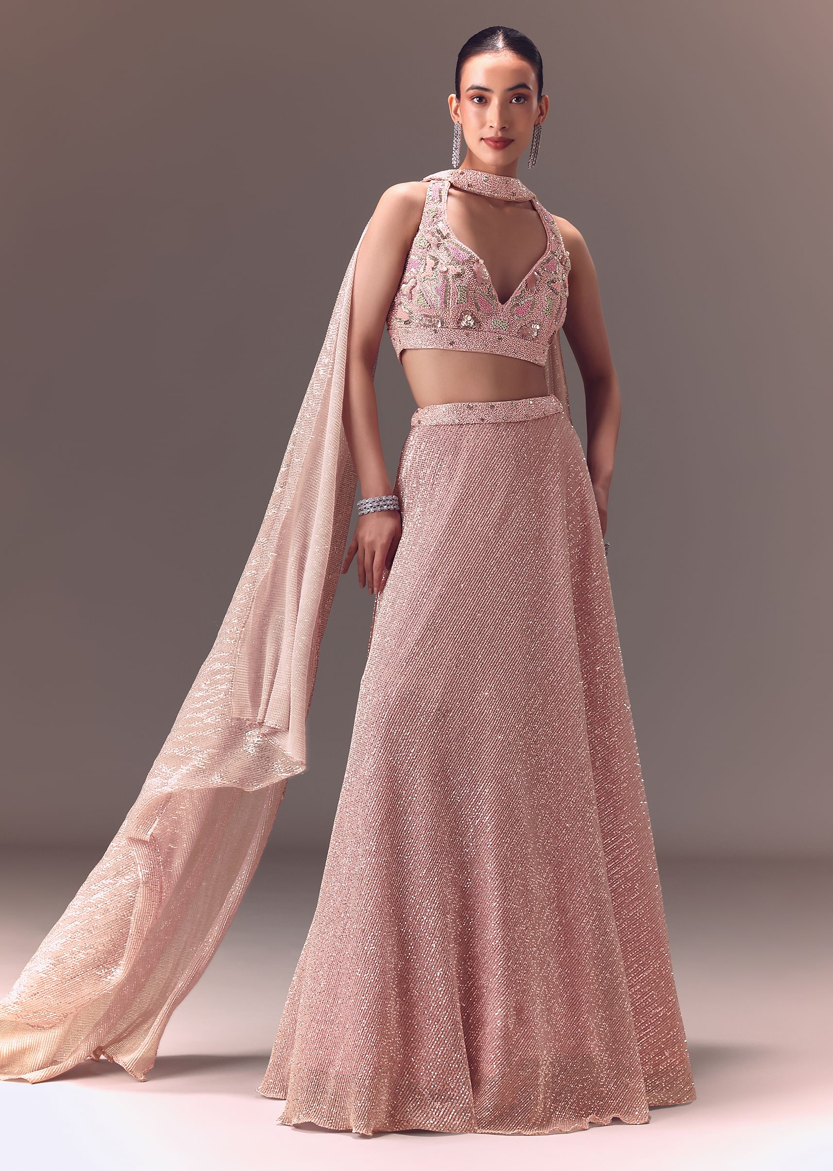 Onion Pink Sequin Embellished Lehenga Set With Choker Dupatta