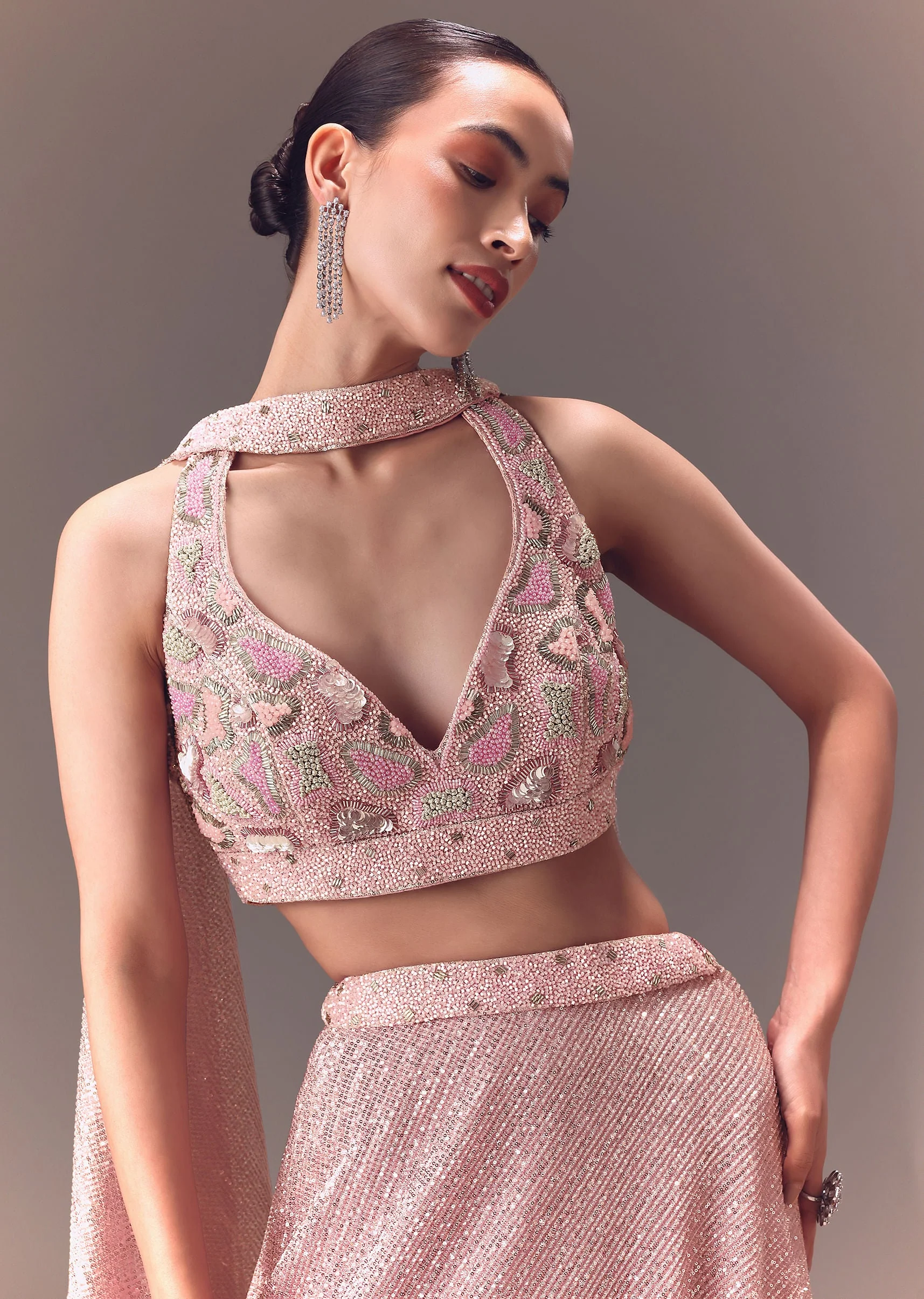 Onion Pink Sequin Embellished Lehenga Set With Choker Dupatta