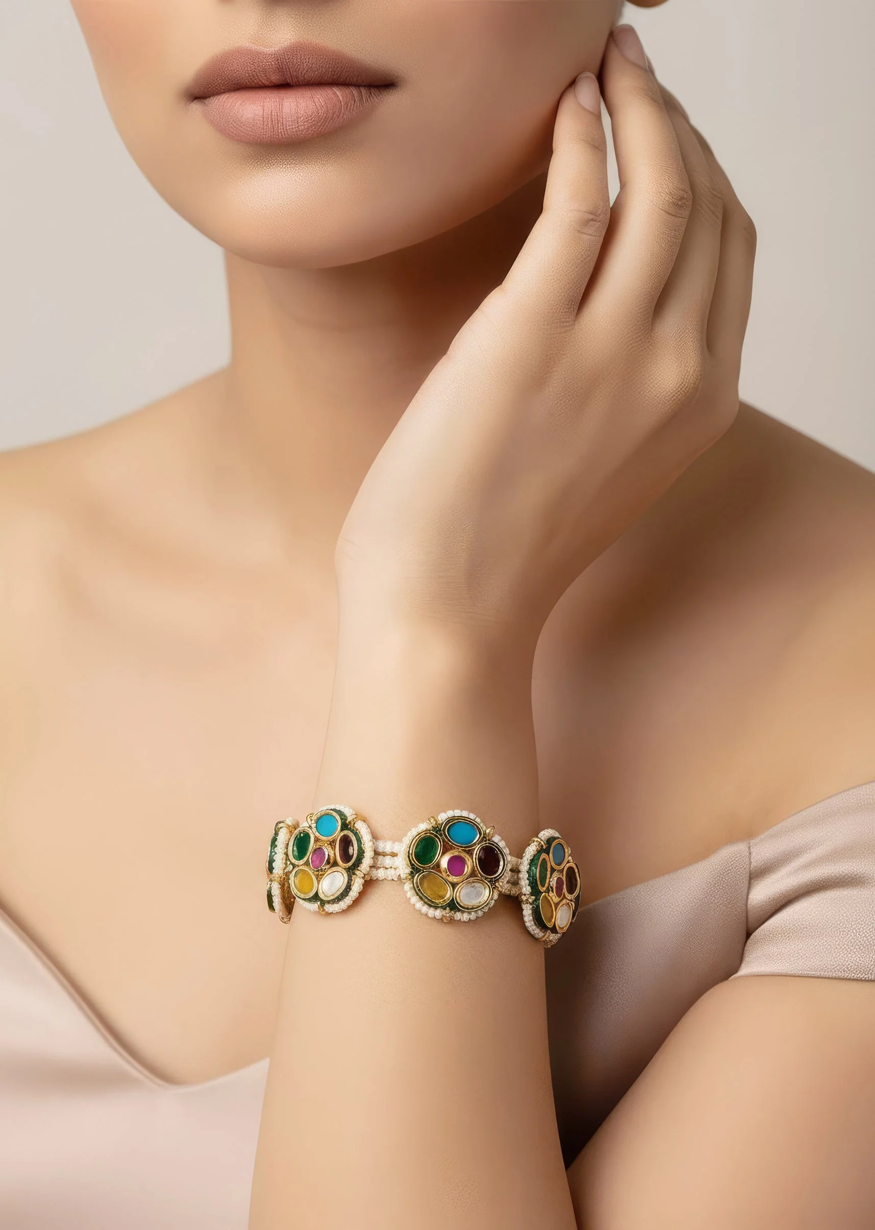 Gold Plated Multicolored Gemstone Kundan Polki Bracelet