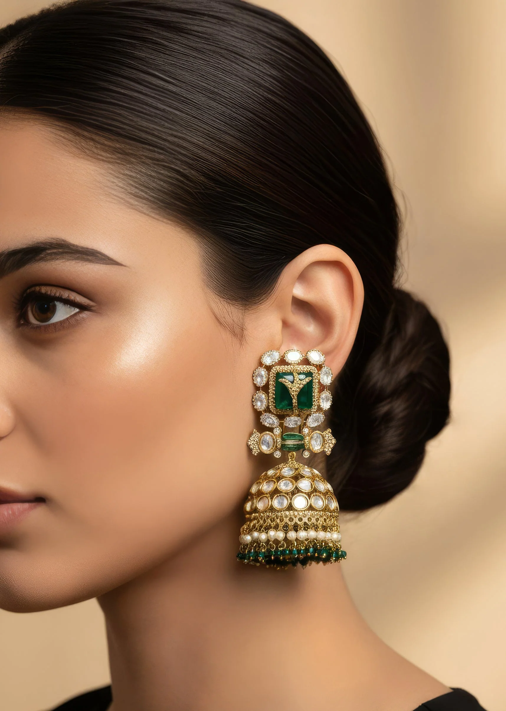 Gold Tone Jhumka Earrings With Green And Pink Stone and Pearl Detailing