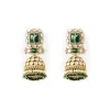 Gold Tone Jhumka Earrings With Green And Pink Stone and Pearl Detailing