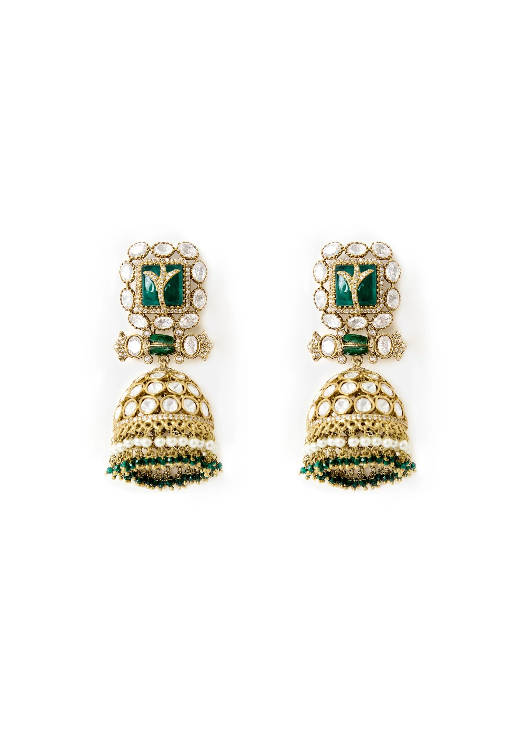 Gold Tone Jhumka Earrings With Green And Pink Stone and Pearl Detailing