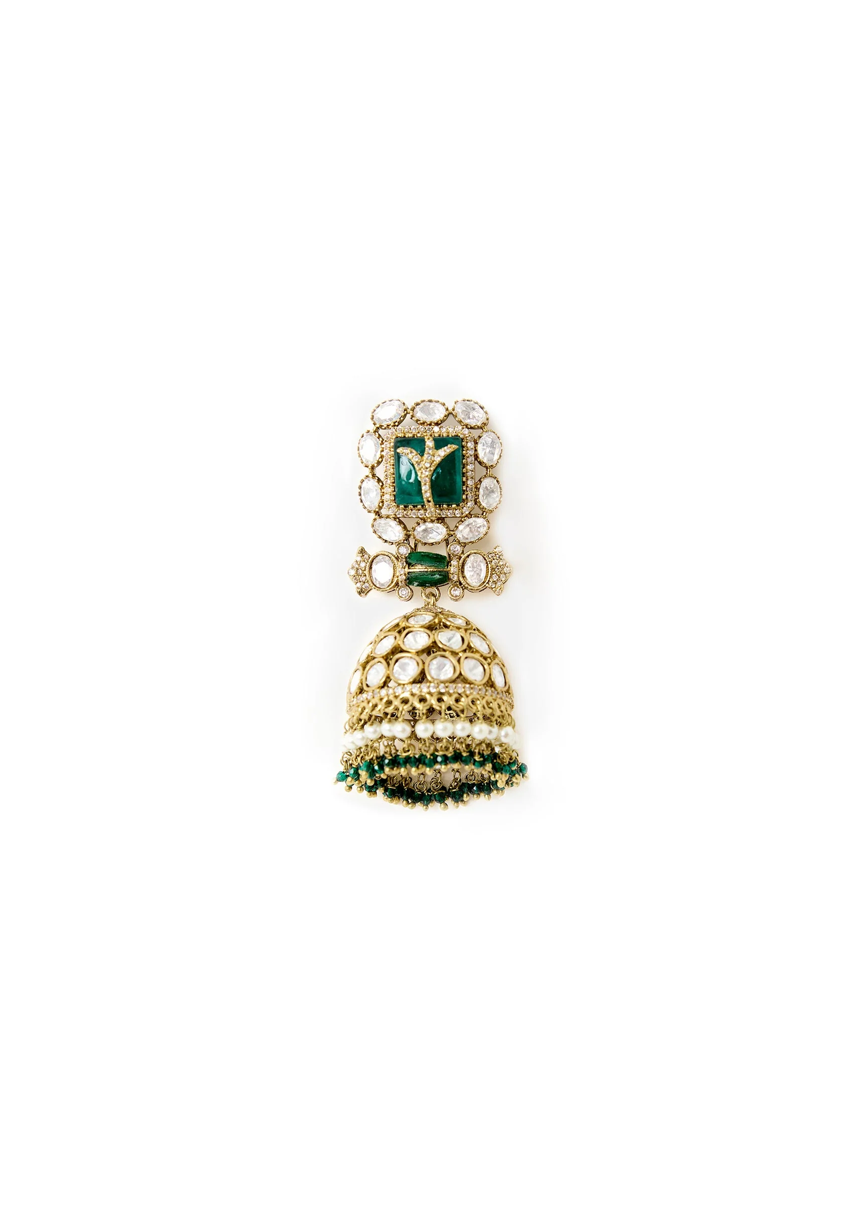 Gold Tone Jhumka Earrings With Green And Pink Stone and Pearl Detailing