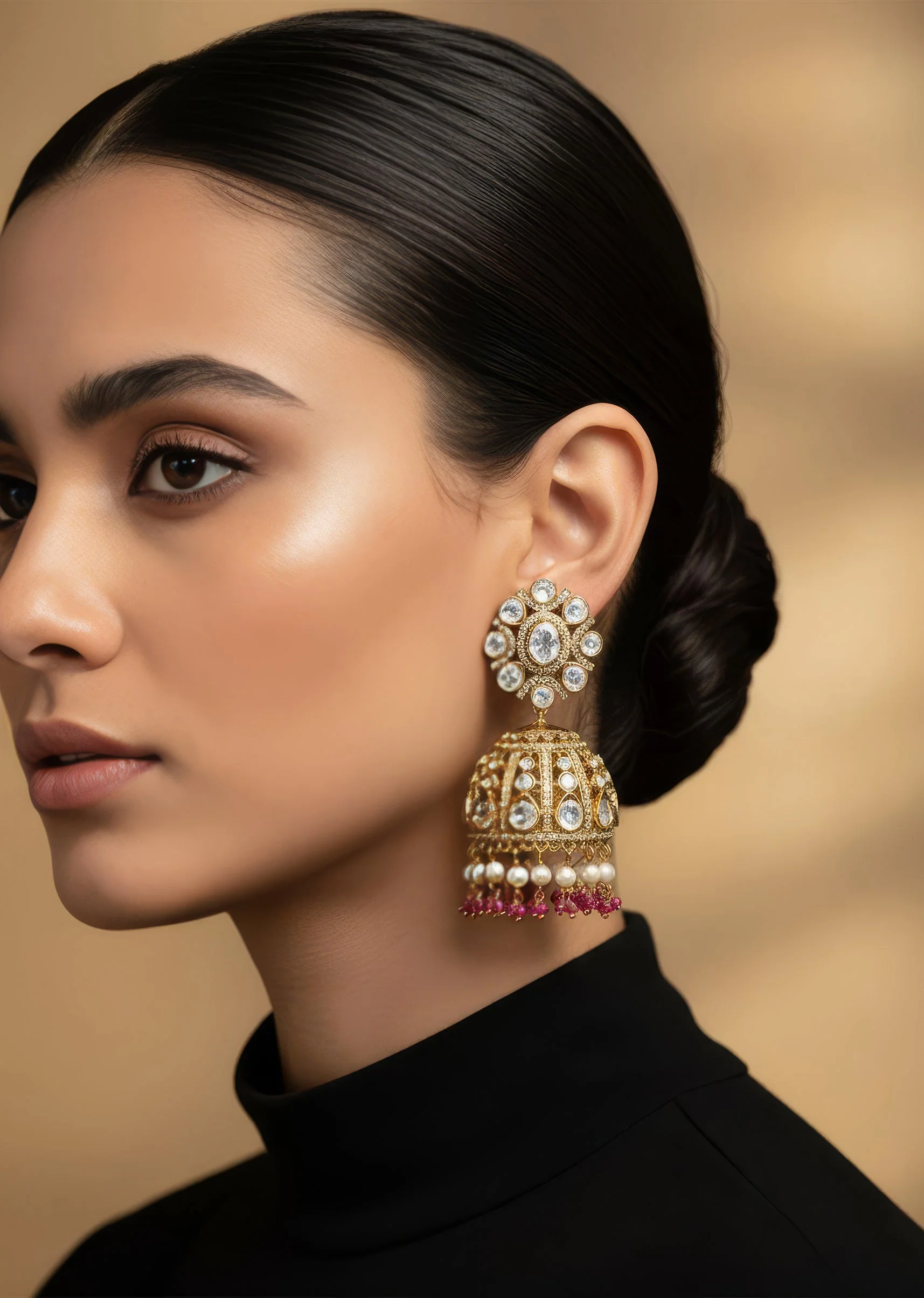 Pearl And Kundan Drop Jhumka Earrings