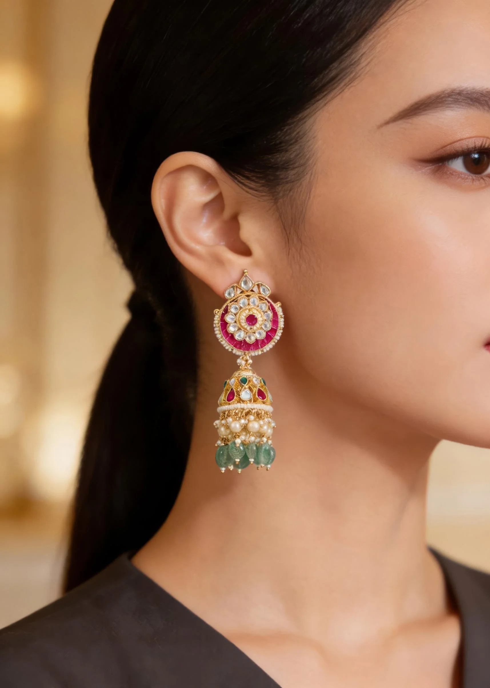Gold Finish Pink Stone Jhumka Earrings