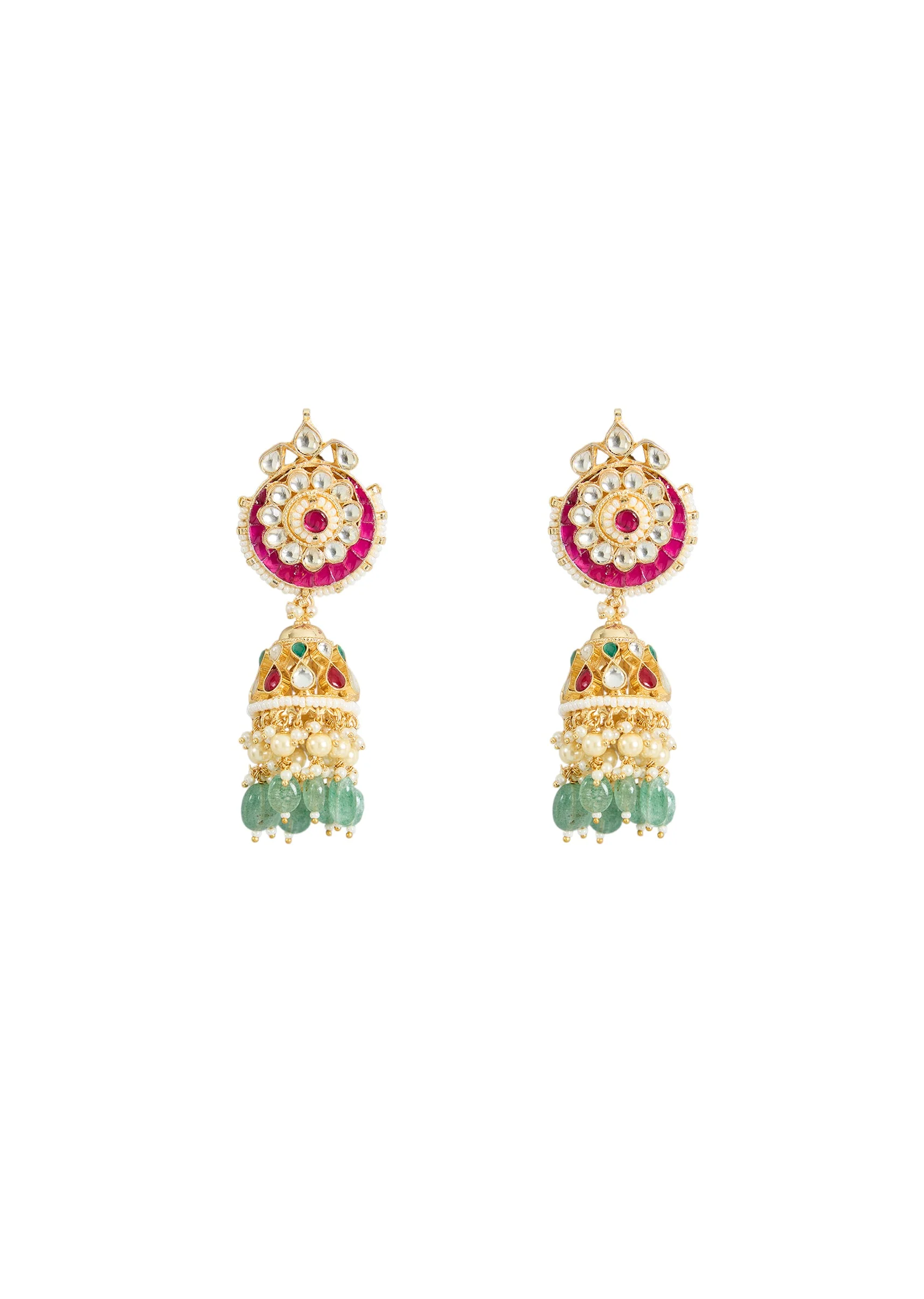 Gold Finish Pink Stone Jhumka Earrings