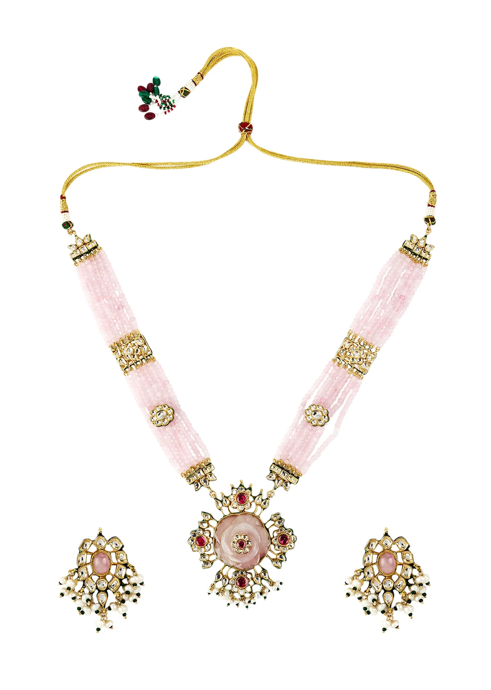 1115-gold-plated-pink-beaded-long-necklace-set-with-earrings-1.webp Gold Plated Pink Beaded Long Necklace Set With Earrings
