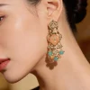 Lotus Motif Pastel Beaded Stones And Pearl Danglers