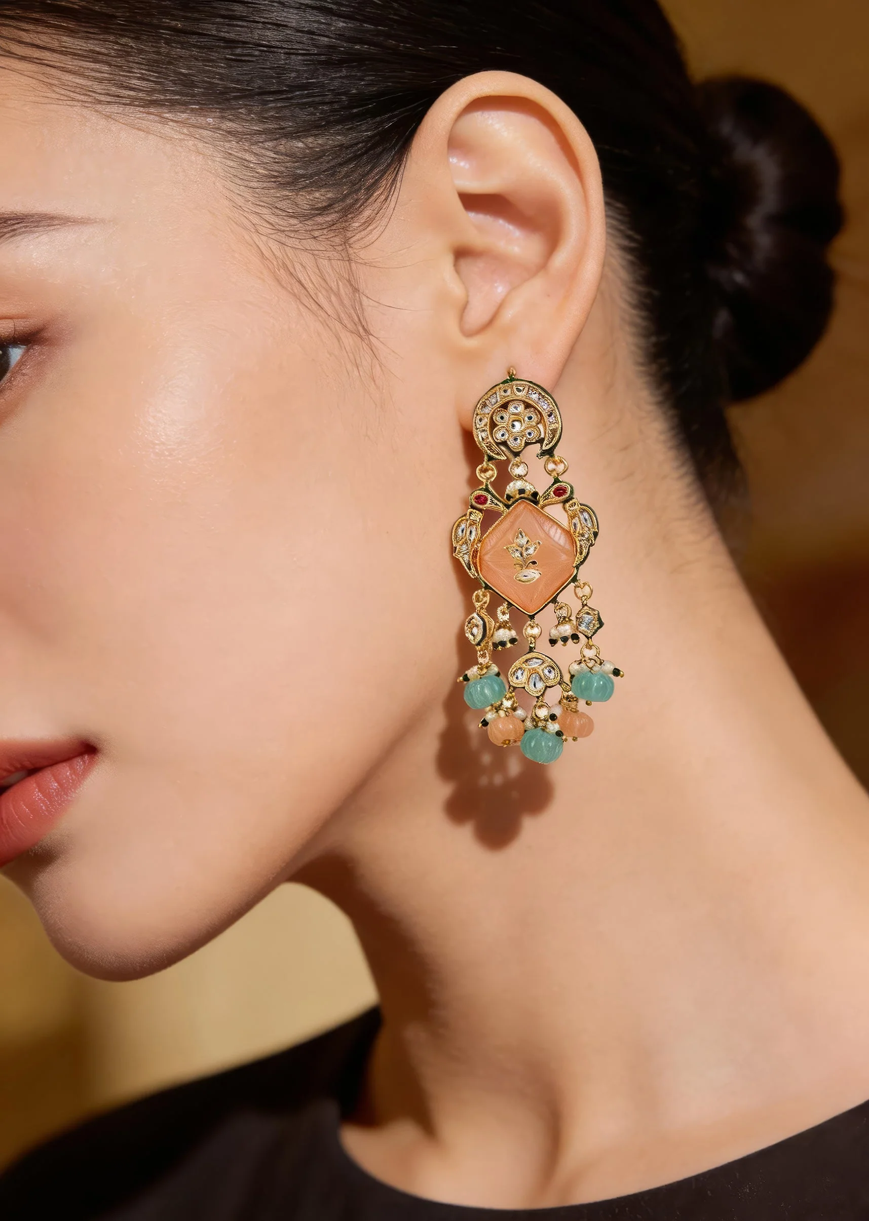 Lotus Motif Pastel Beaded Stones And Pearl Danglers