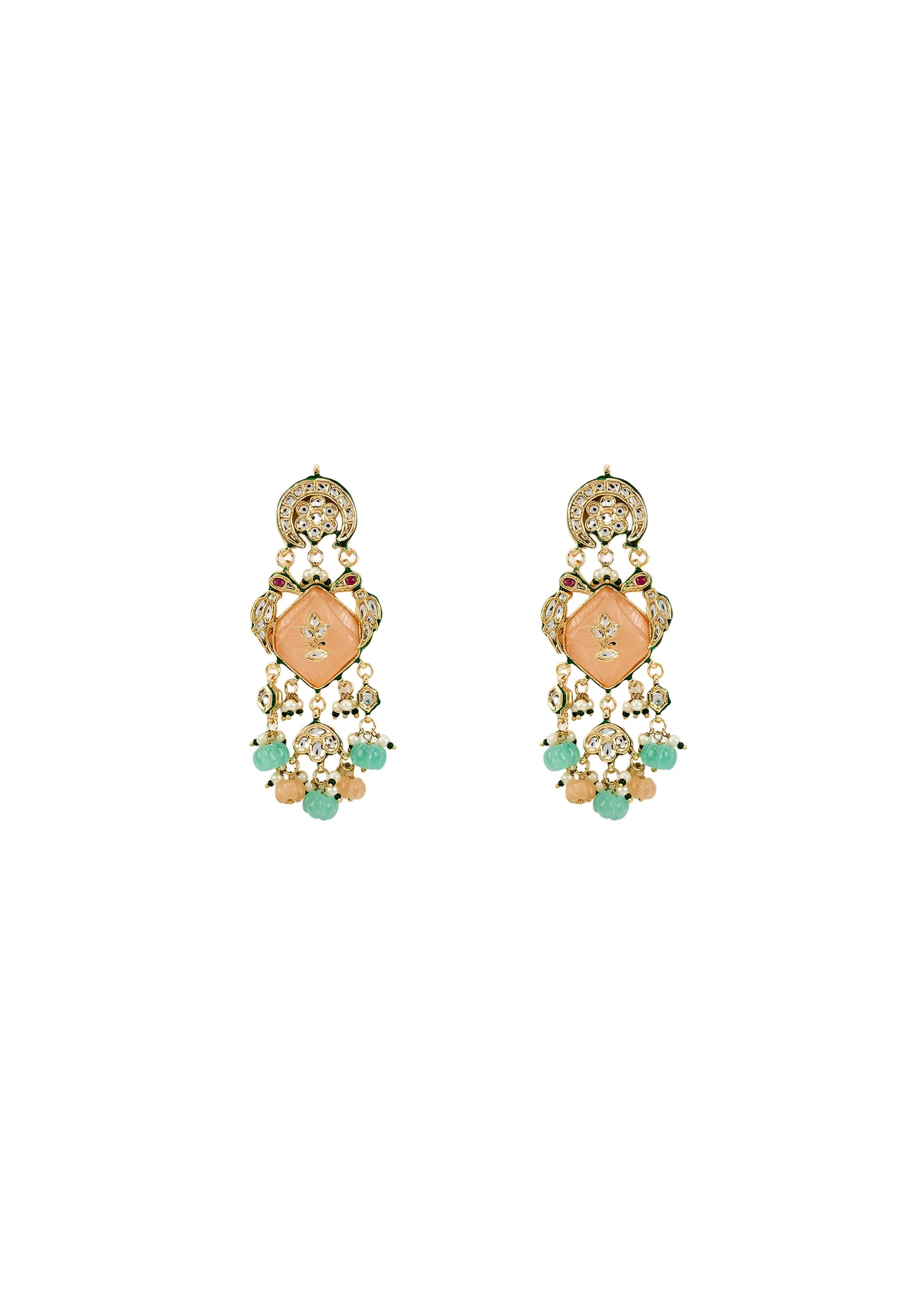 Lotus Motif Pastel Beaded Stones And Pearl Danglers