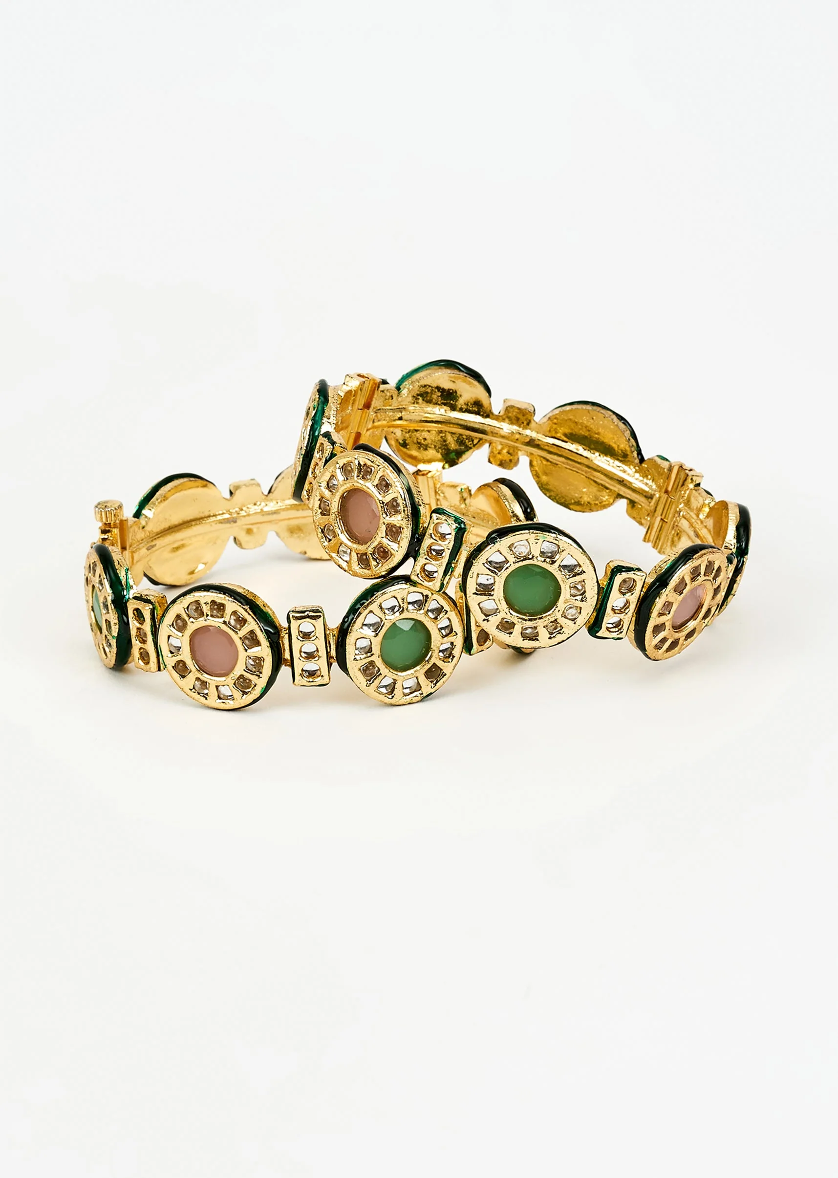 1119-green-and-pink-gemstones-with-gold-plated-multicolored-kundan-polki-bangles-1.webp Green And Pink Gemstones With Gold Plated Multicolored Kundan Polki Bangles