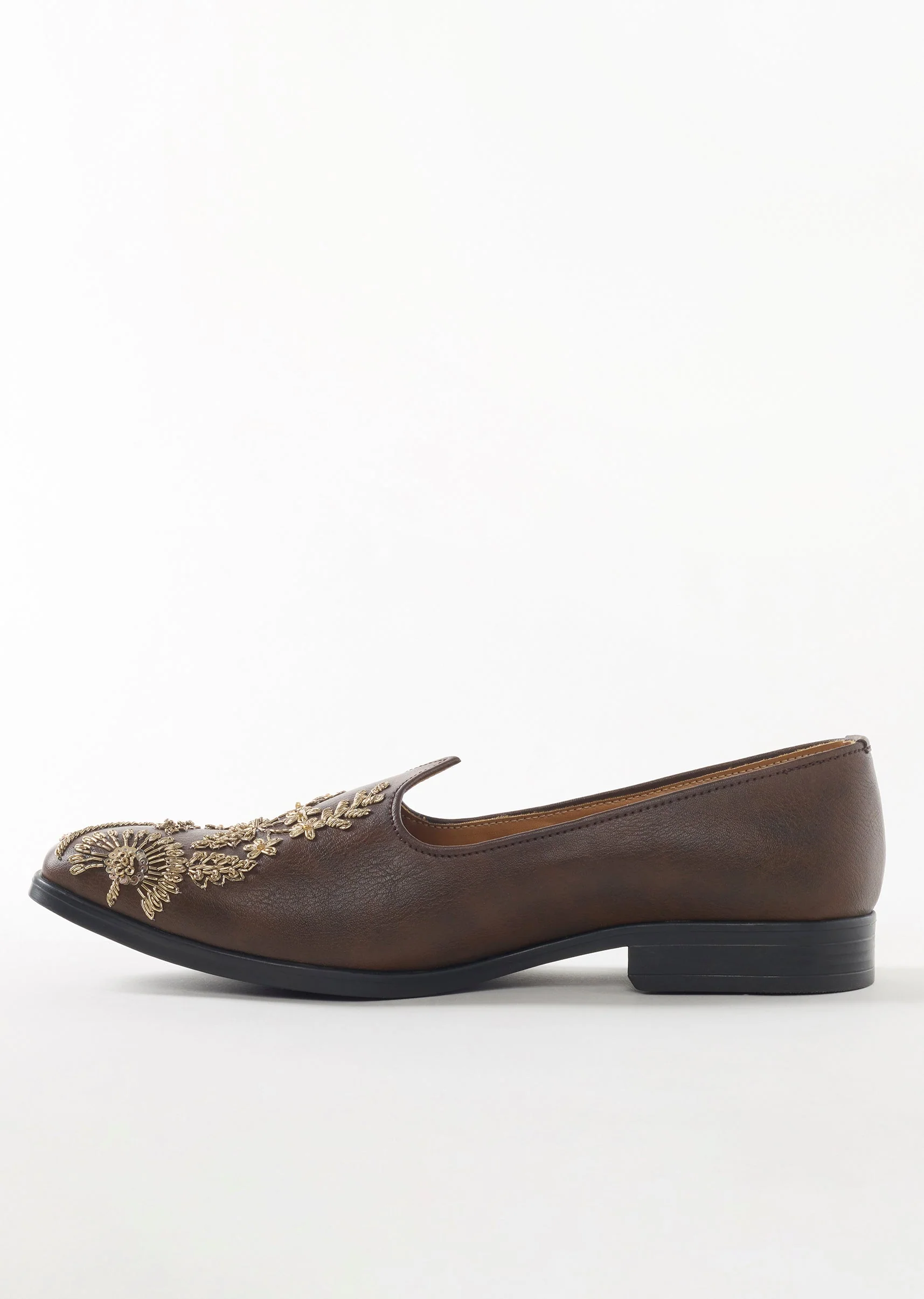 Brown Ethnic Jutti With Golden Embroidery For Men
