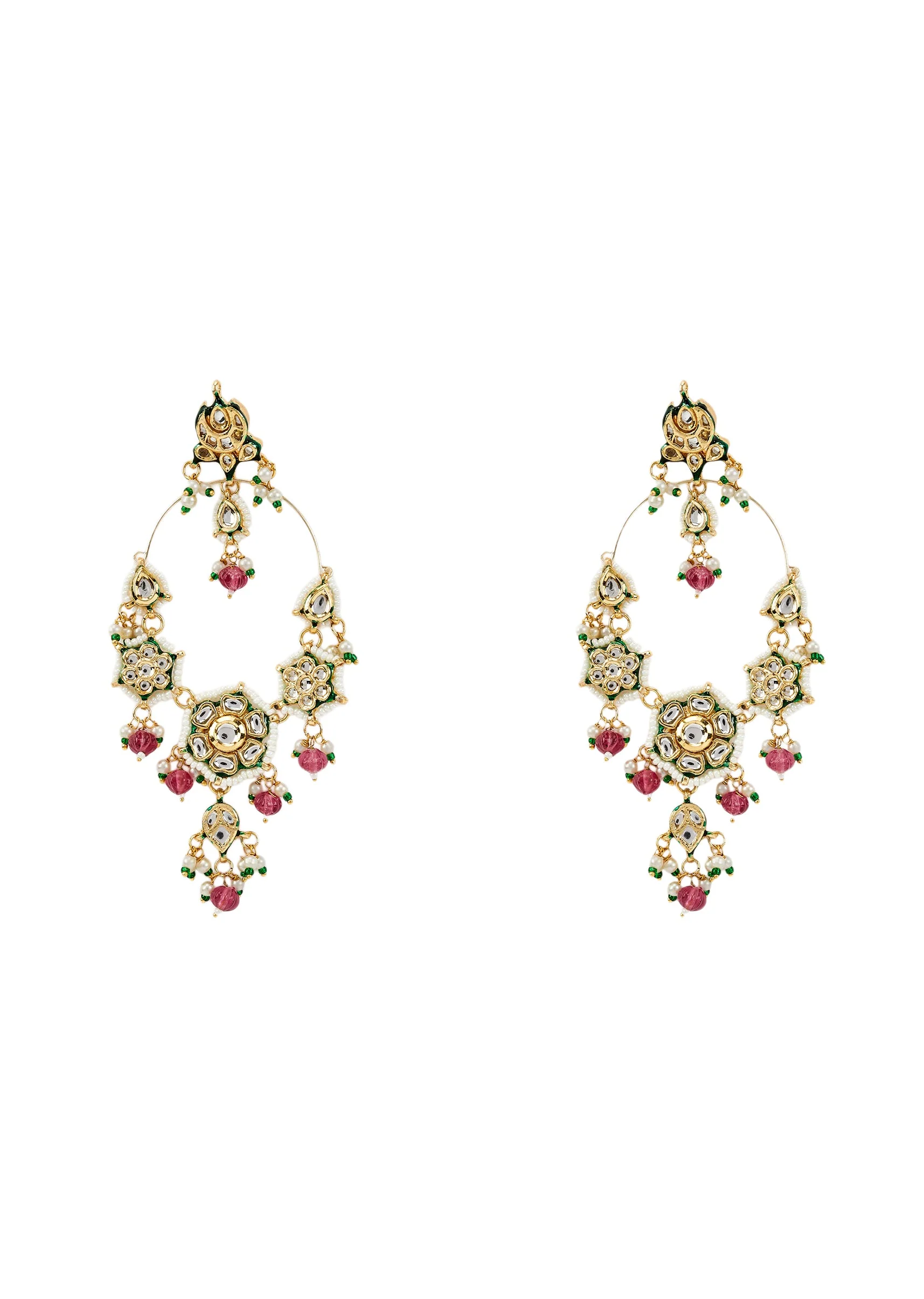Gold Plated Pink Kundan Polki Danglers Earrings