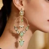 Gold Plated Polki Earrings With Pink Accents And Green Bead Drops
