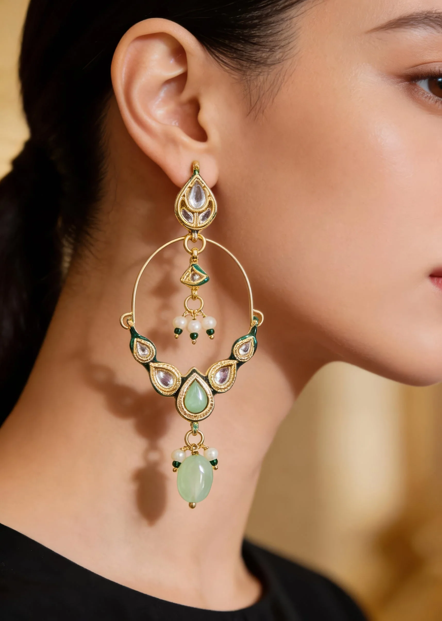 Gold Plated Polki Earrings With Pink Accents And Green Bead Drops