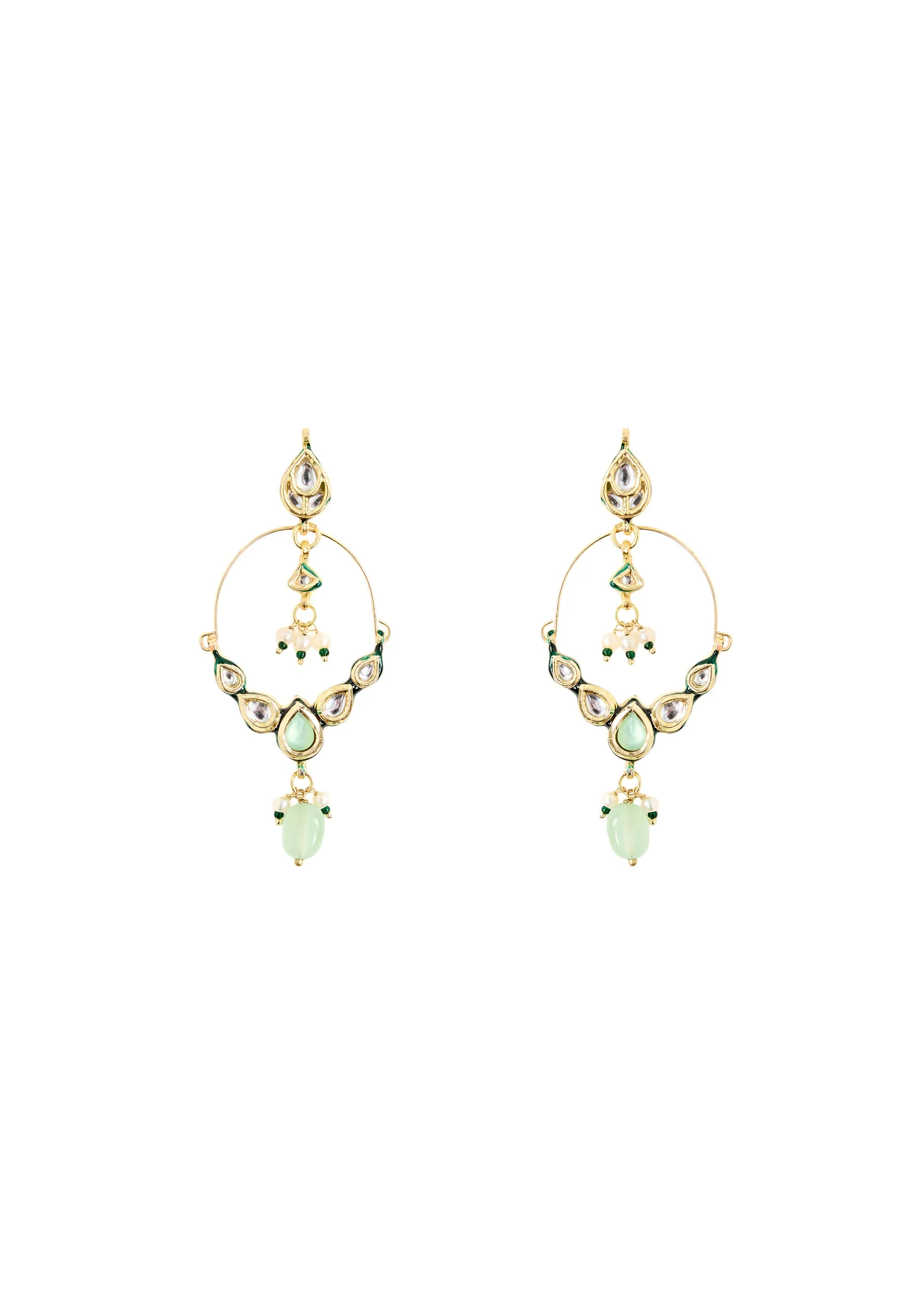 Gold Plated Polki Earrings With Pink Accents And Green Bead Drops