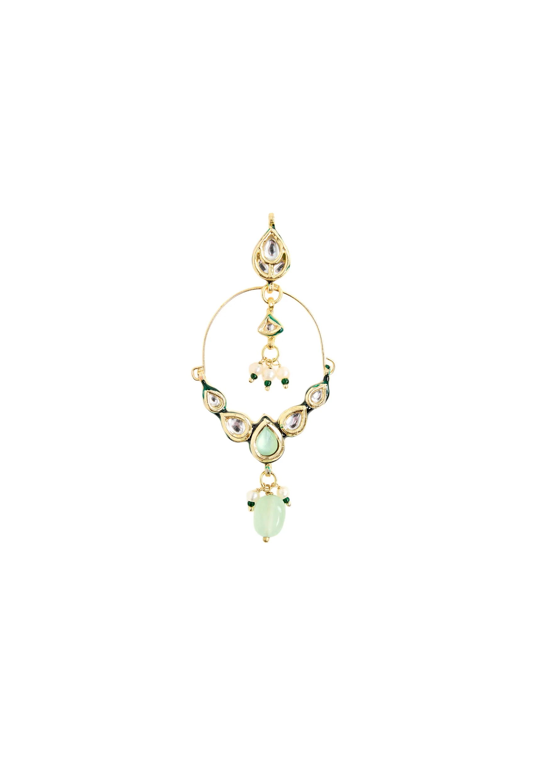 Gold Plated Polki Earrings With Pink Accents And Green Bead Drops