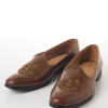 Brown Faux Leather Mens Loafers with Gold Thread Embroidery