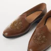 Brown Faux Leather Mens Loafers with Gold Thread Embroidery