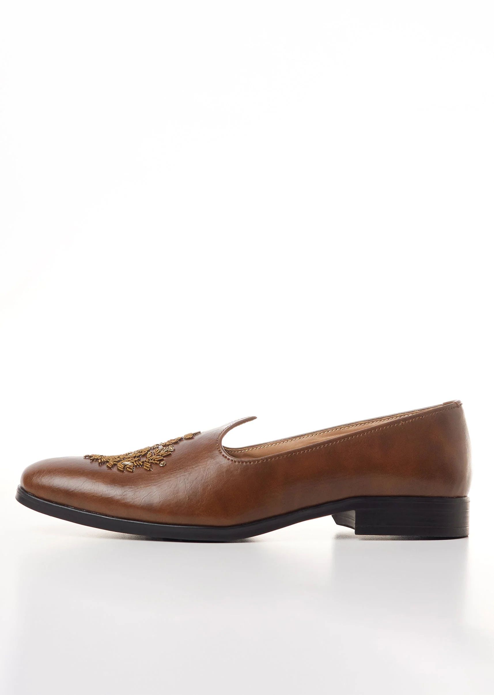 Brown Faux Leather Mens Loafers with Gold Thread Embroidery