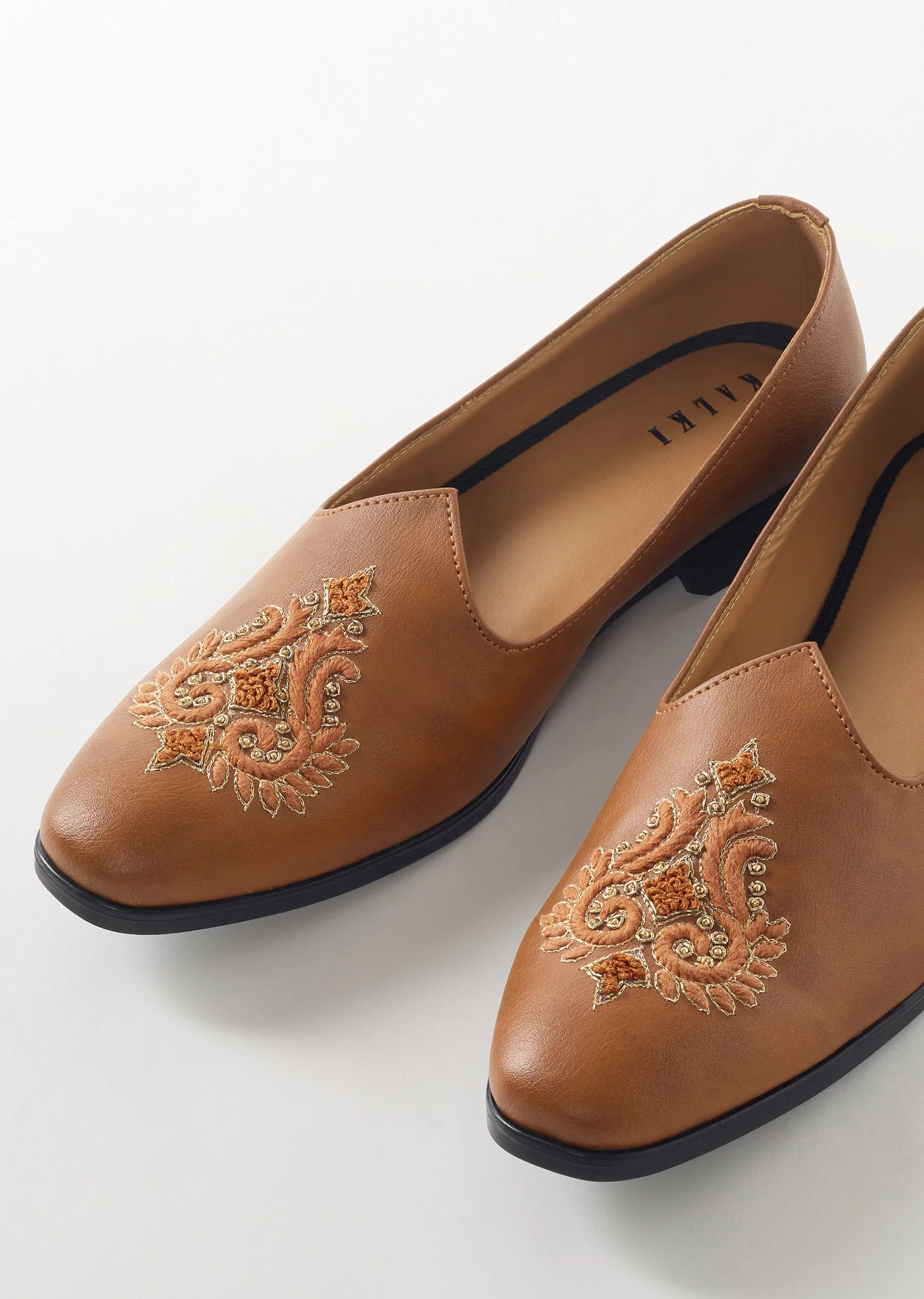 Brown Embroidered Ethnic Slip On Shoes For Men