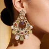 Multicolour Gemstones And Pearls With Crescent Shaped Chandbalis