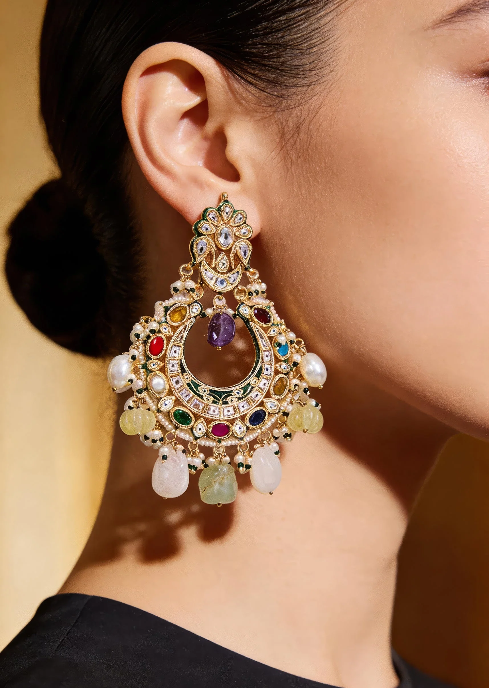 1126-multicolour-gemstones-and-pearls-with-crescent-shaped-chandbalis-1.webp Multicolour Gemstones And Pearls With Crescent Shaped Chandbalis