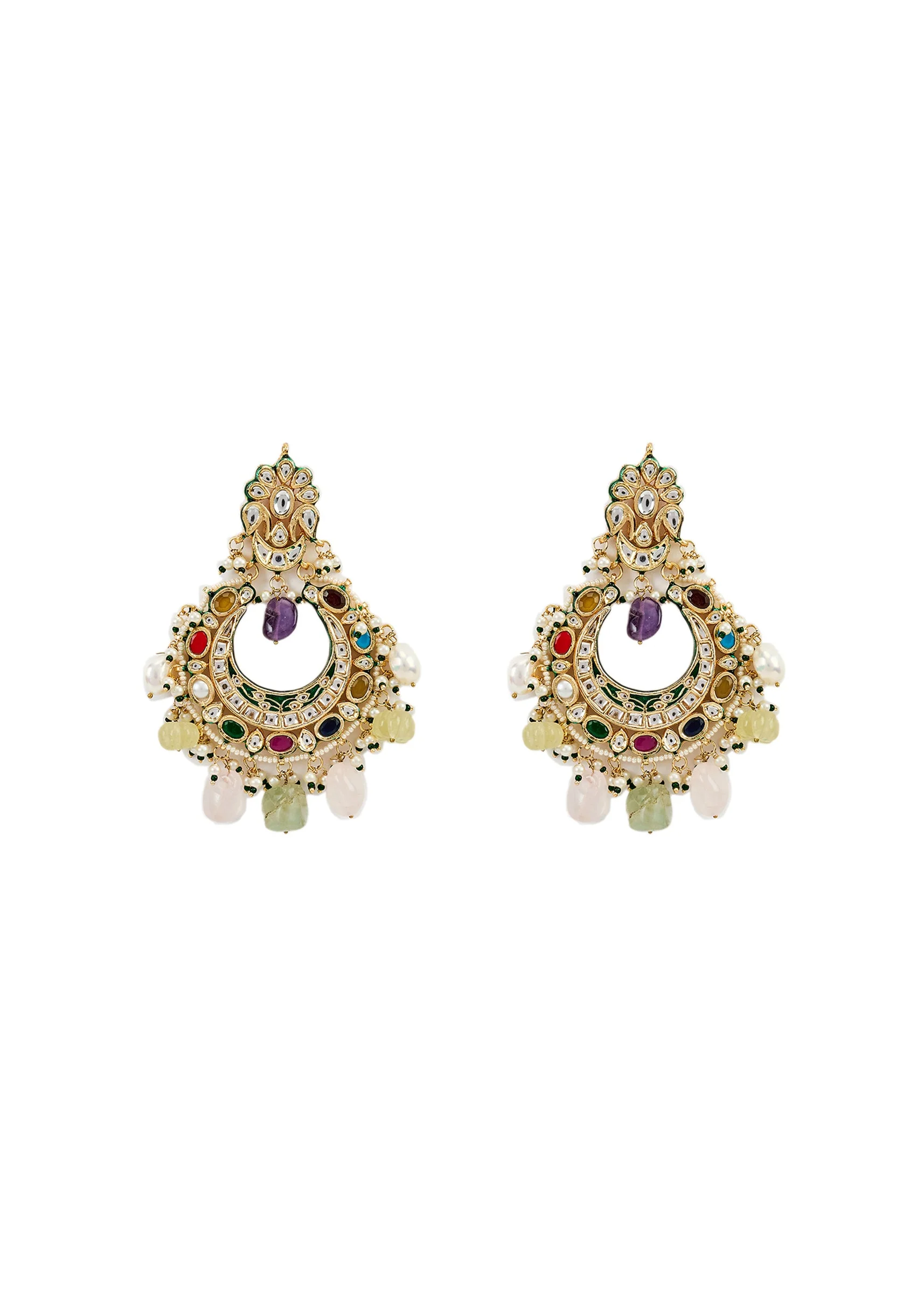 Multicolour Gemstones And Pearls With Crescent Shaped Chandbalis