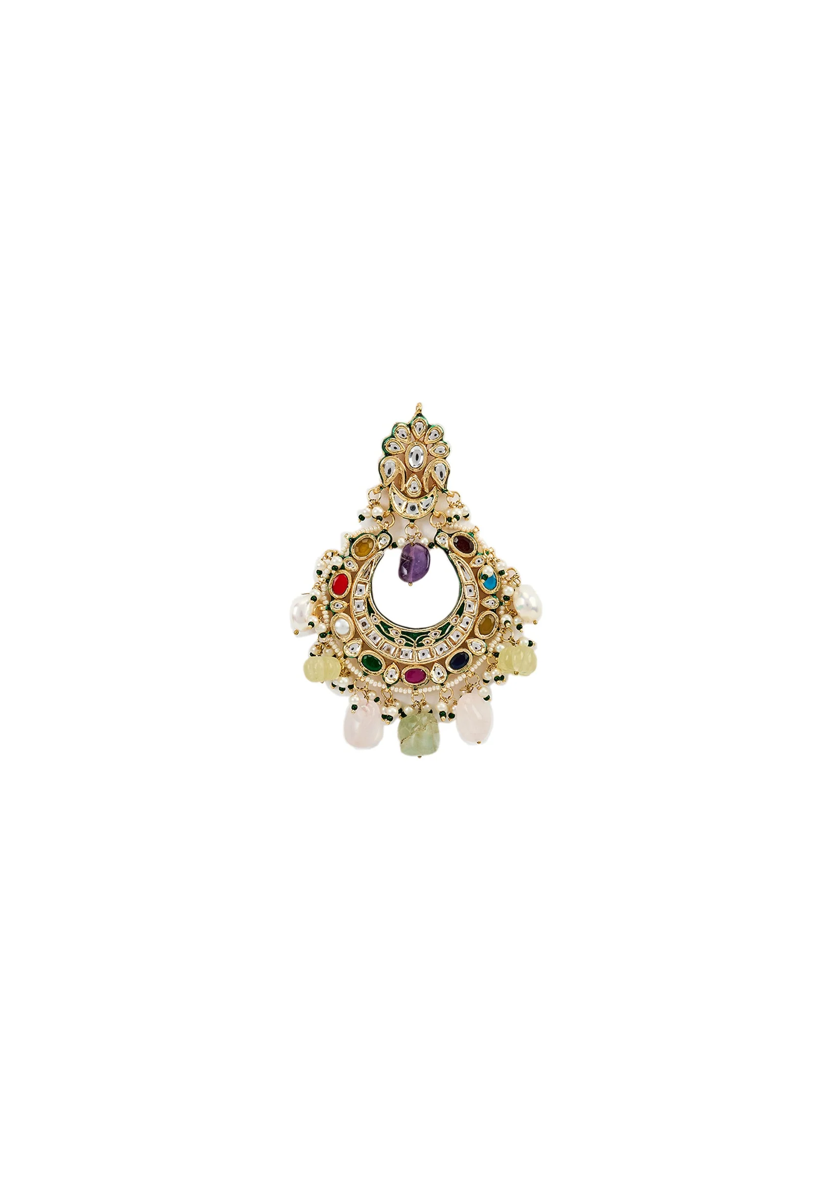 Multicolour Gemstones And Pearls With Crescent Shaped Chandbalis