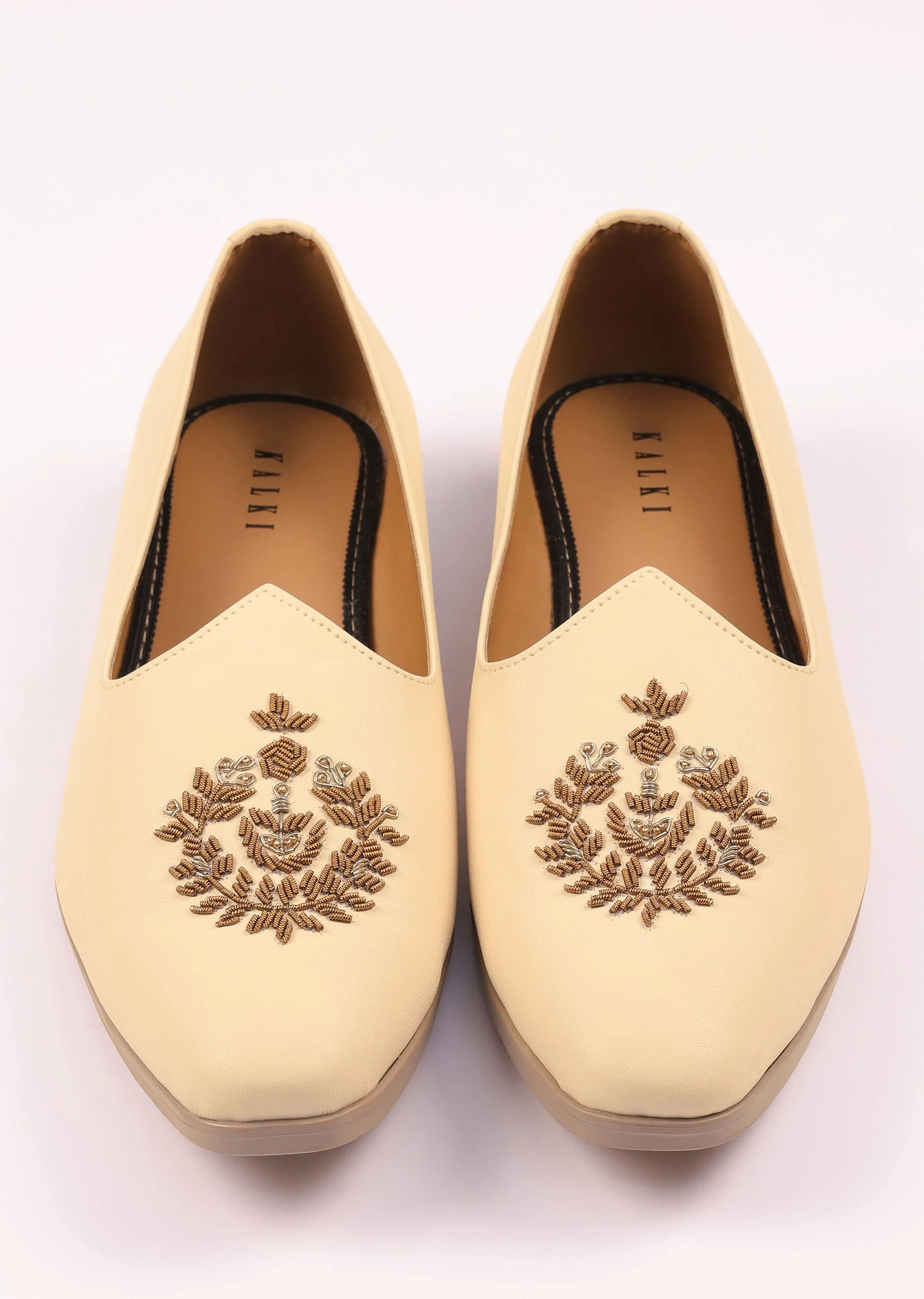 Off White Vegan Leather Jutti With Zardosi Work